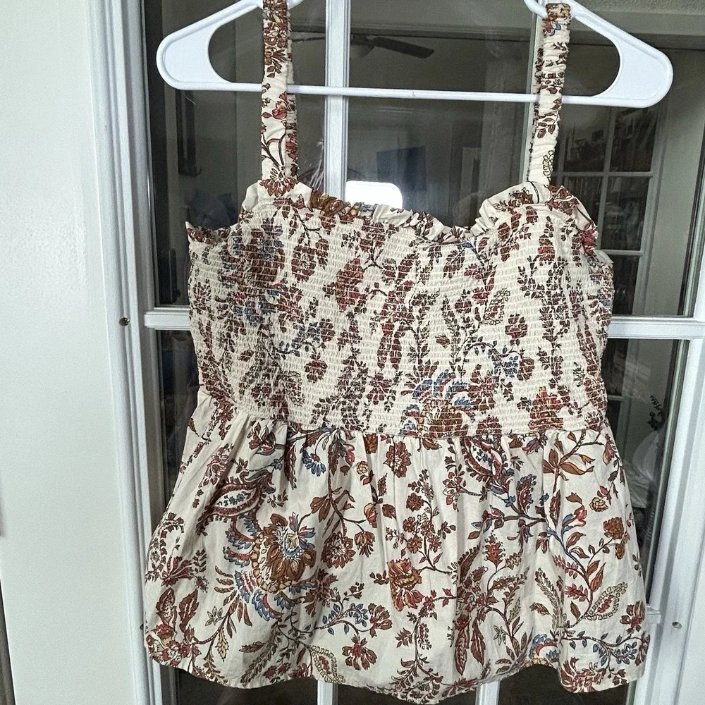 Old Navy Floral Smocked Bodice Peplum Tank Top Womens Large Earth Tones Boho - Picture 2 of 12